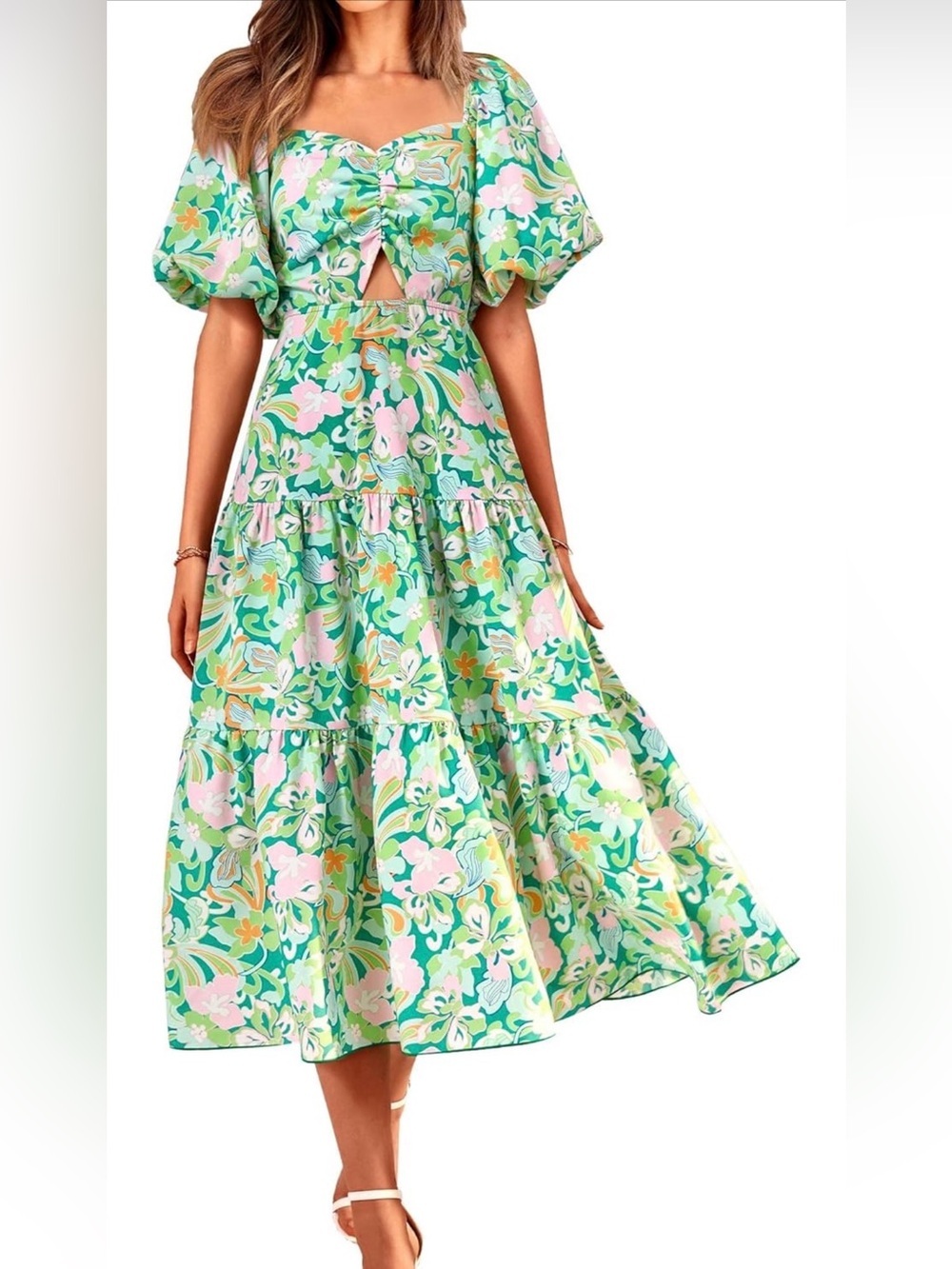 BTFBM Short Sleeve Smocked Boho Casual Floral Maxi Dress XL